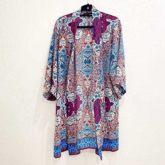 olivaceous printed patterned long open front kimono - Picture 1 of 7